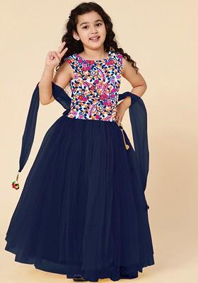 Girls Navy Blue And White Embroidered Ready To Wear Lehenga And Blouse With Dupatta