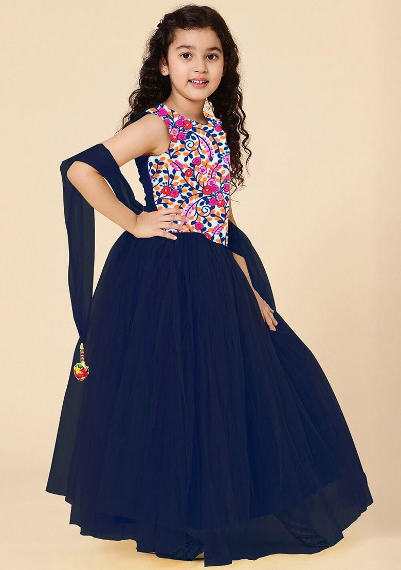 Girls Navy Blue And White Embroidered Ready To Wear Lehenga And Blouse With Dupatta