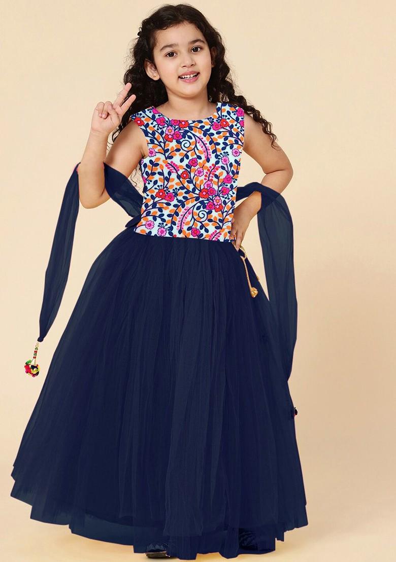 Girls Navy Blue And White Embroidered Ready To Wear Lehenga And Blouse With Dupatta