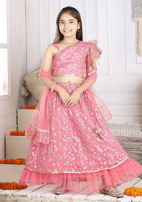 Girls Floral Embroidered Sequinned Ready To Wear Lehenga And Blouse With Dupatta