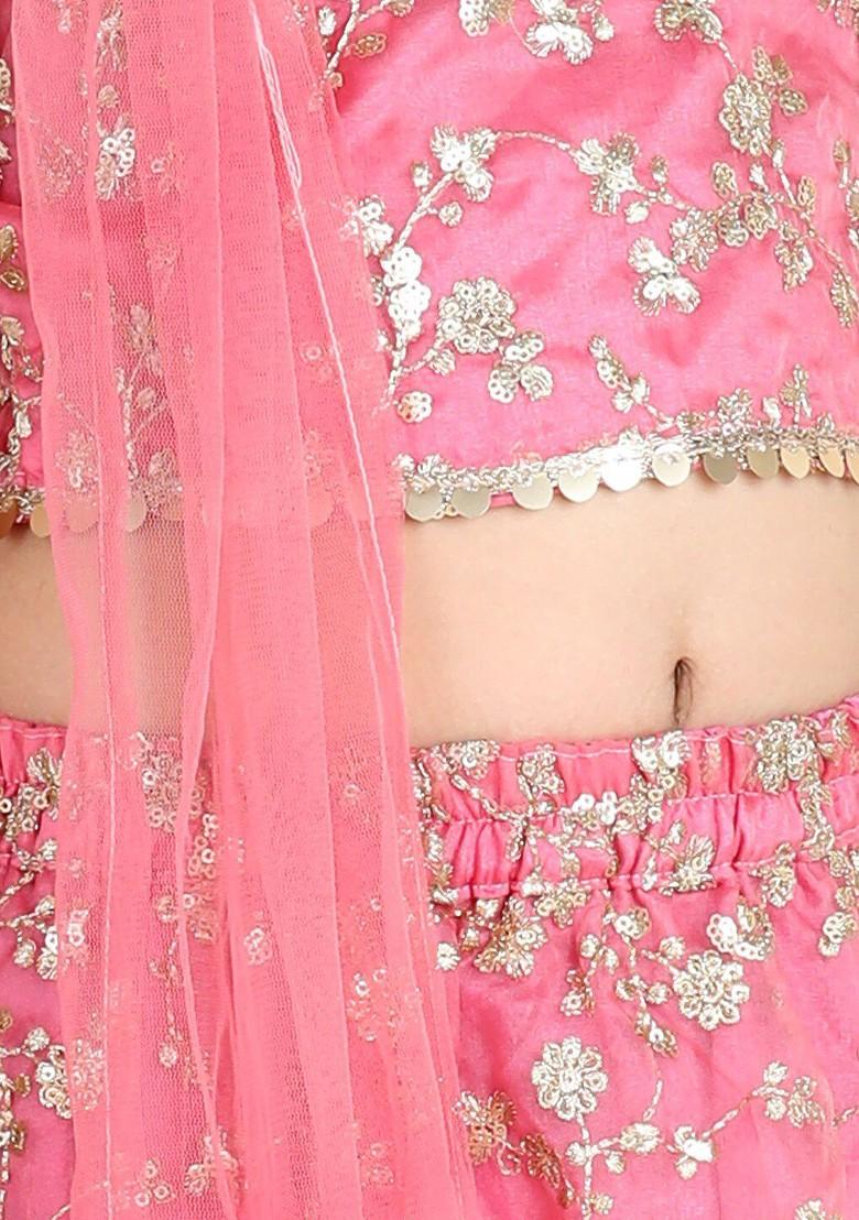 Girls Floral Embroidered Sequinned Ready To Wear Lehenga And Blouse With Dupatta