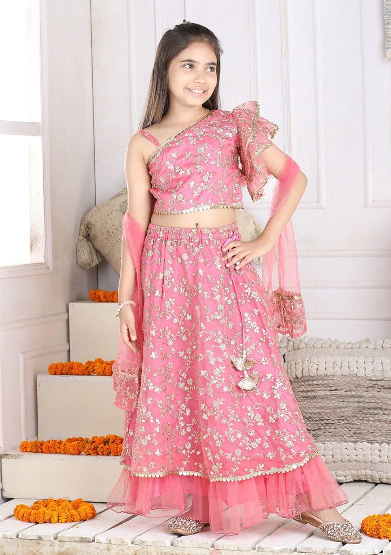 Girls Floral Embroidered Sequinned Ready To Wear Lehenga And Blouse With Dupatta