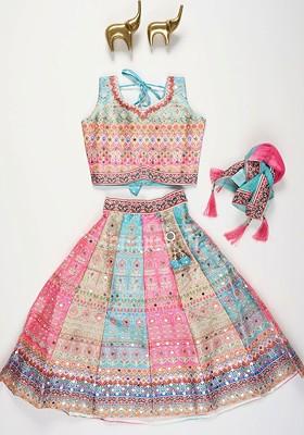 Girls Embellished Mirror Work Ready To Wear Lehenga And Blouse With Dupatta
