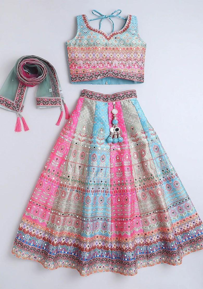 Girls Embellished Mirror Work Ready To Wear Lehenga And Blouse With Dupatta