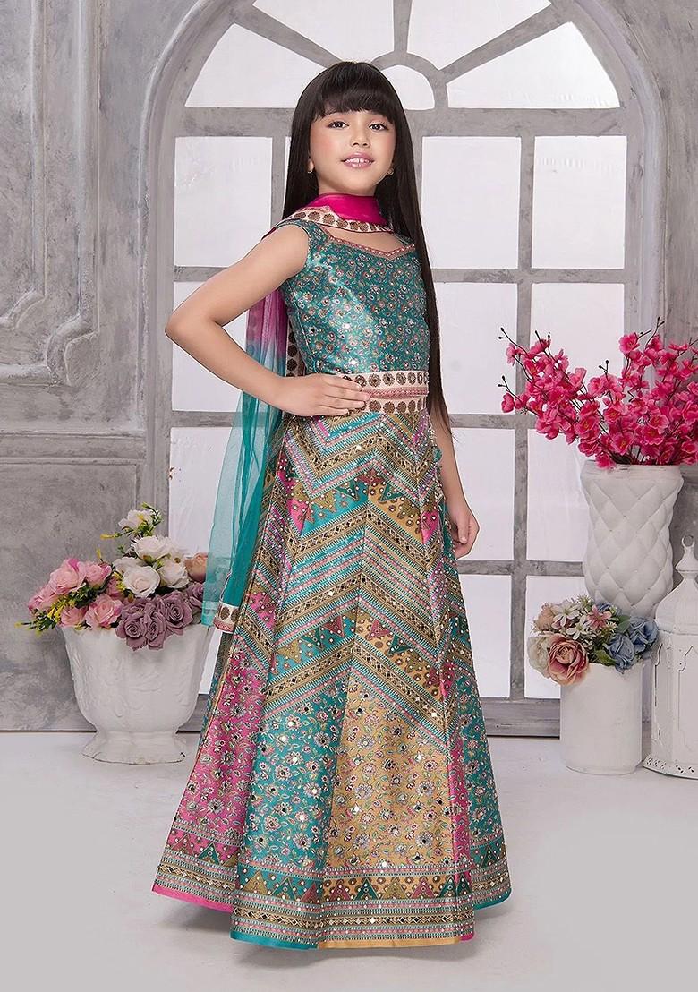 Girls Embellished Ready To Wear Mirror Work Lehenga And Blouse With Dupatta