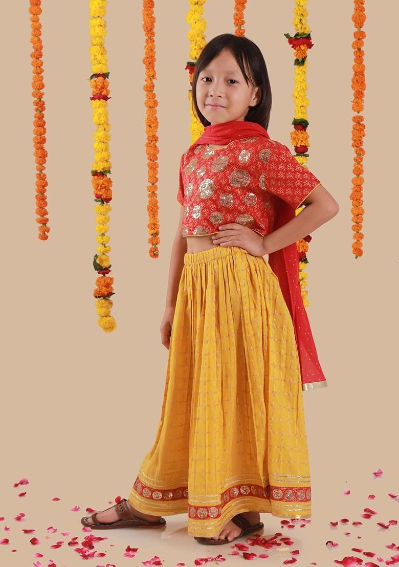 Girls Embellished Printed Pure Cotton Lehenga With Choli And Dupatta