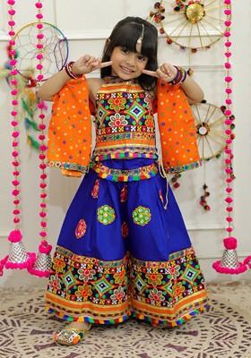 Girls Embroidered Thread Work Cotton Ready To Wear Lehenga And Blouse With Dupatta