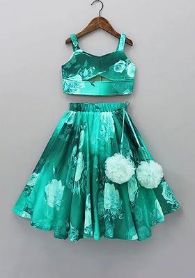 Girls Floral Printed Lehenga And Crop Top Set