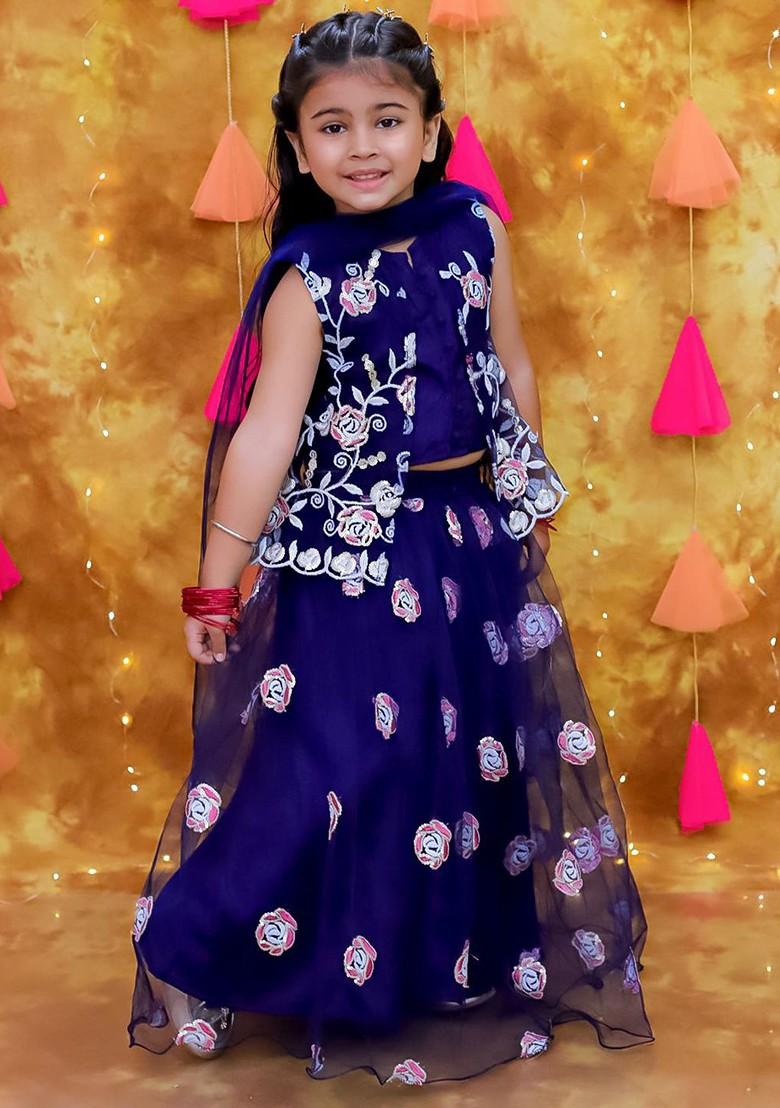Girls Embroidered Sequinned Ready To Wear Lehenga And Blouse With Dupatta