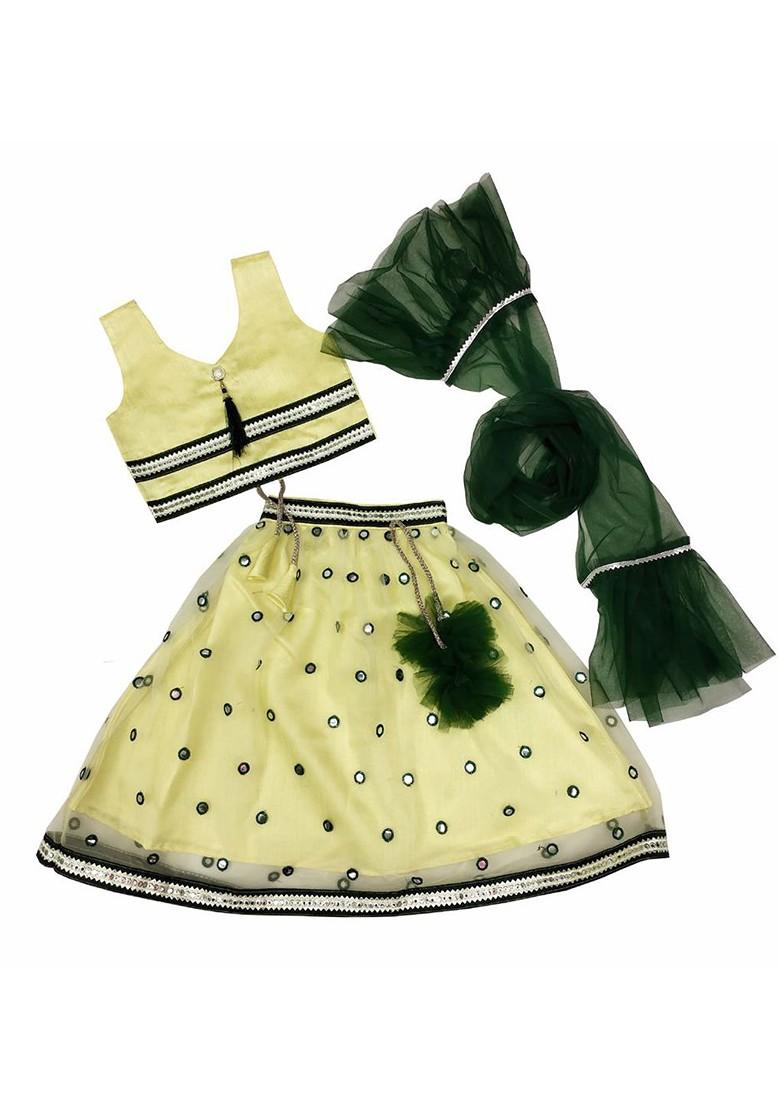 Girls Embellished Mirror Work Ready To Wear Lehenga And Choli With Dupatta
