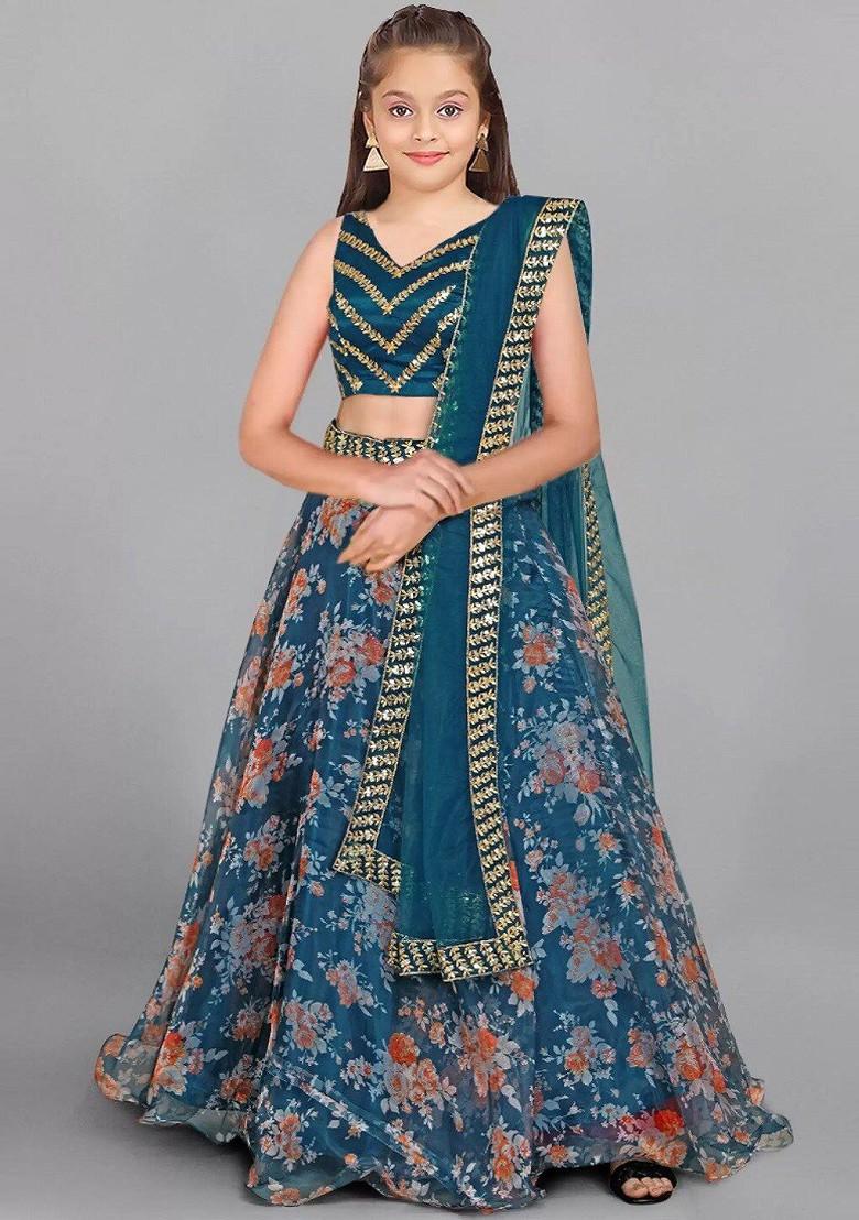 Girls Floral Printed Silk Semi Stitched Lehenga And Unstitched Blouse With Dupatta