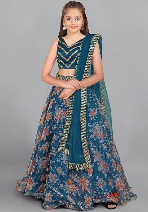 Girls Floral Printed Silk Semi Stitched Lehenga And Unstitched Blouse With Dupatta