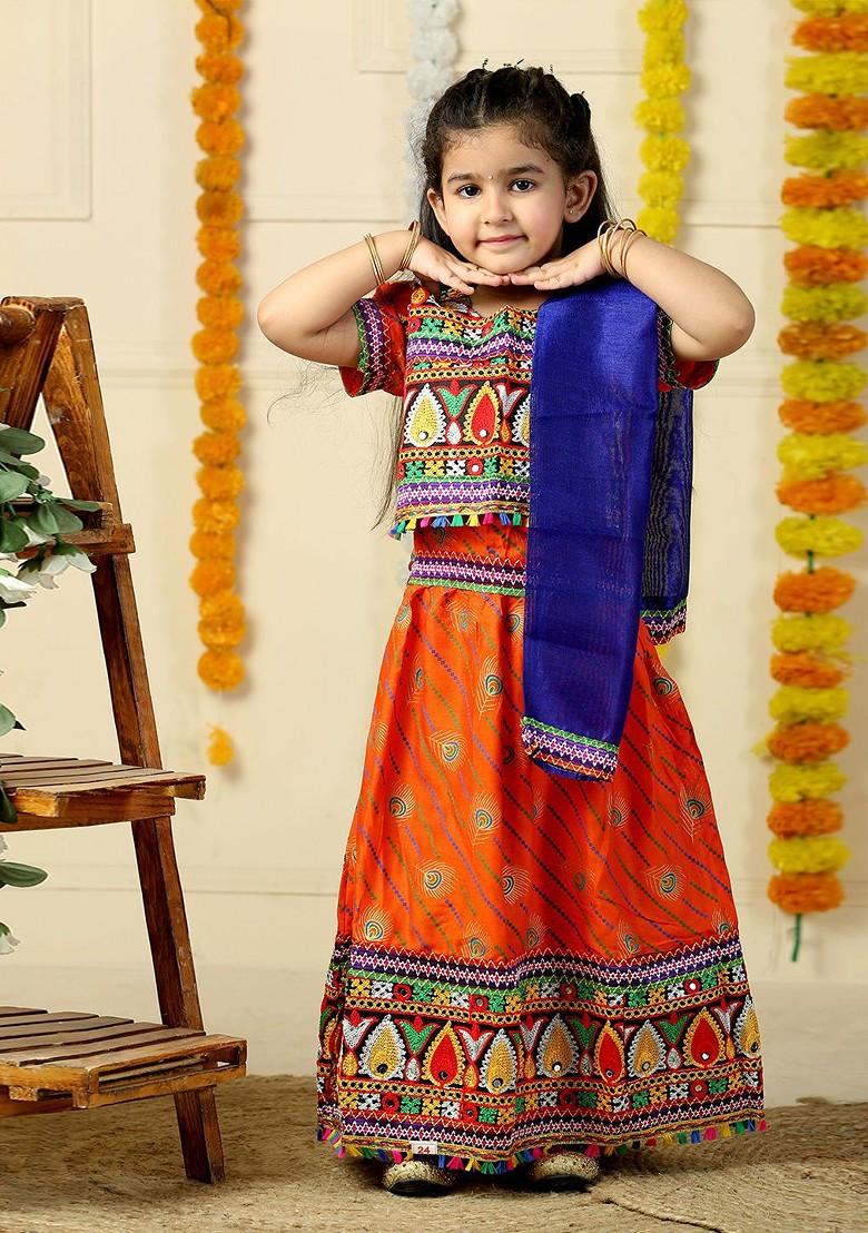Girls Embroidered Mirror Work Cotton Ready To Wear Lehenga And Blouse With Dupatta