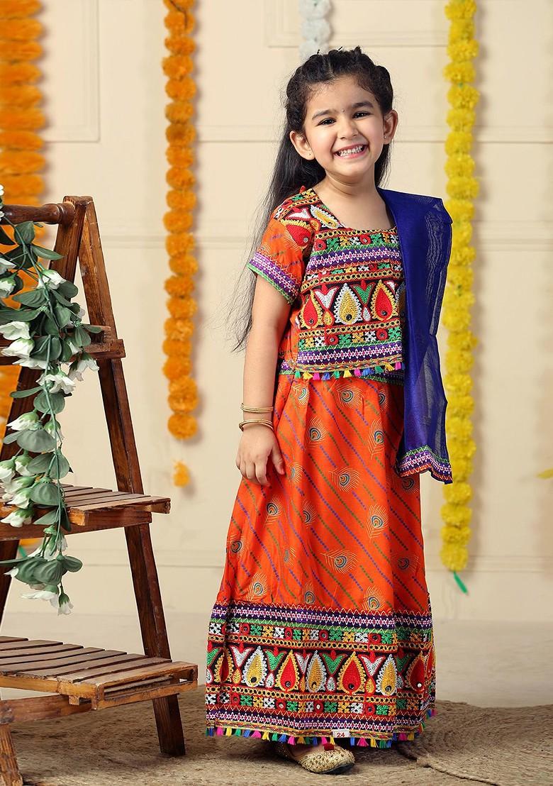 Girls Embroidered Mirror Work Cotton Ready To Wear Lehenga And Blouse With Dupatta