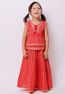 Girls Red And Choli Choligold Toned Printed Block Print Ready To Wear Lehenga And Choli