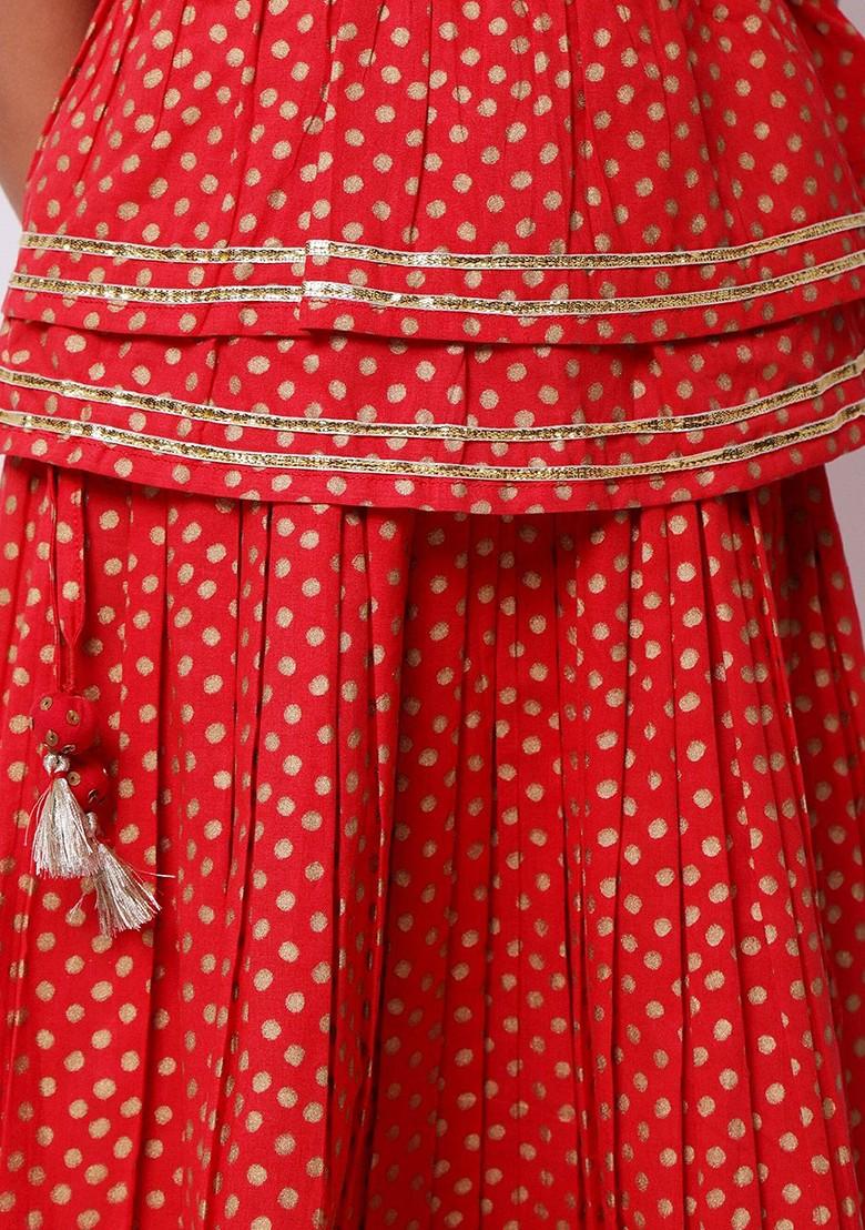 Girls Red And Choli Choligold Toned Printed Block Print Ready To Wear Lehenga And Choli