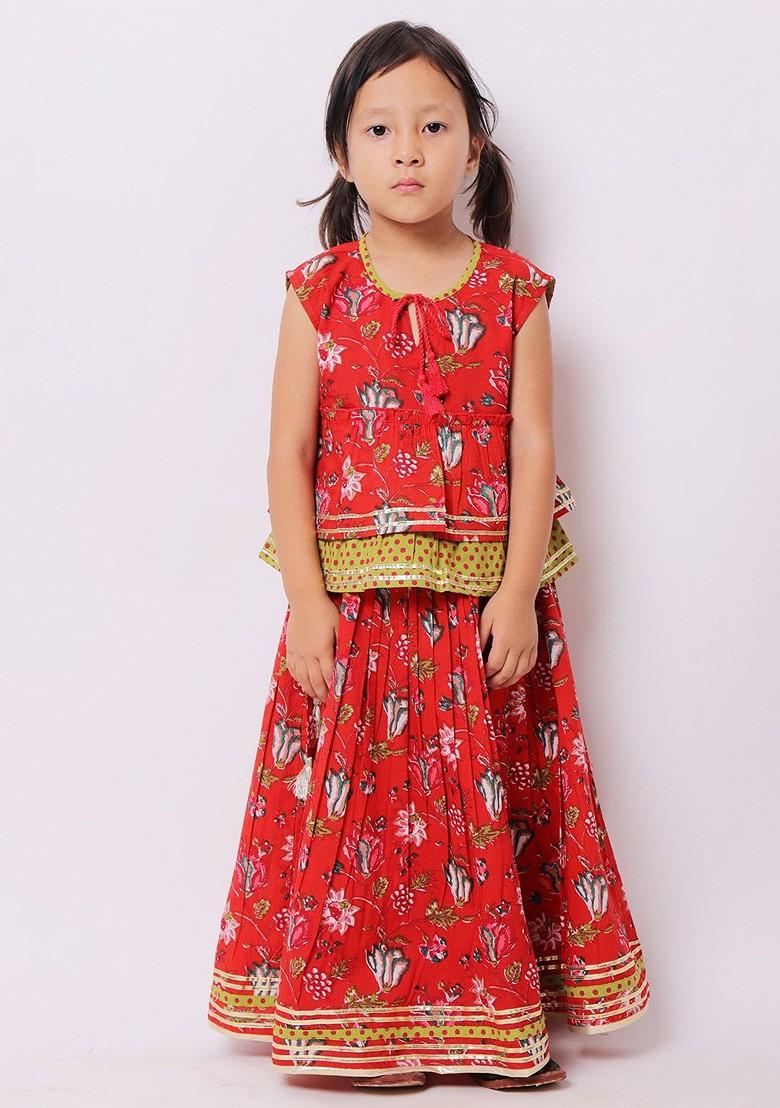 Girls Red And Choli Choligreen Printed Block Print Ready To Wear Lehenga And Choli