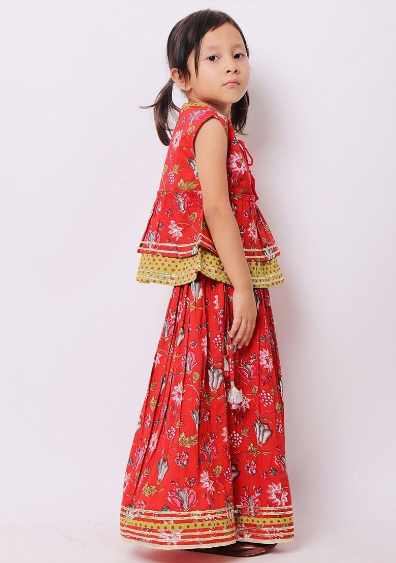 Girls Red And Choli Choligreen Printed Block Print Ready To Wear Lehenga And Choli
