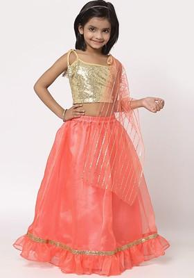 Girls Coral And Golden Embroidered Sequinned Ready To Wear Lehenga And Blouse With Dupatta