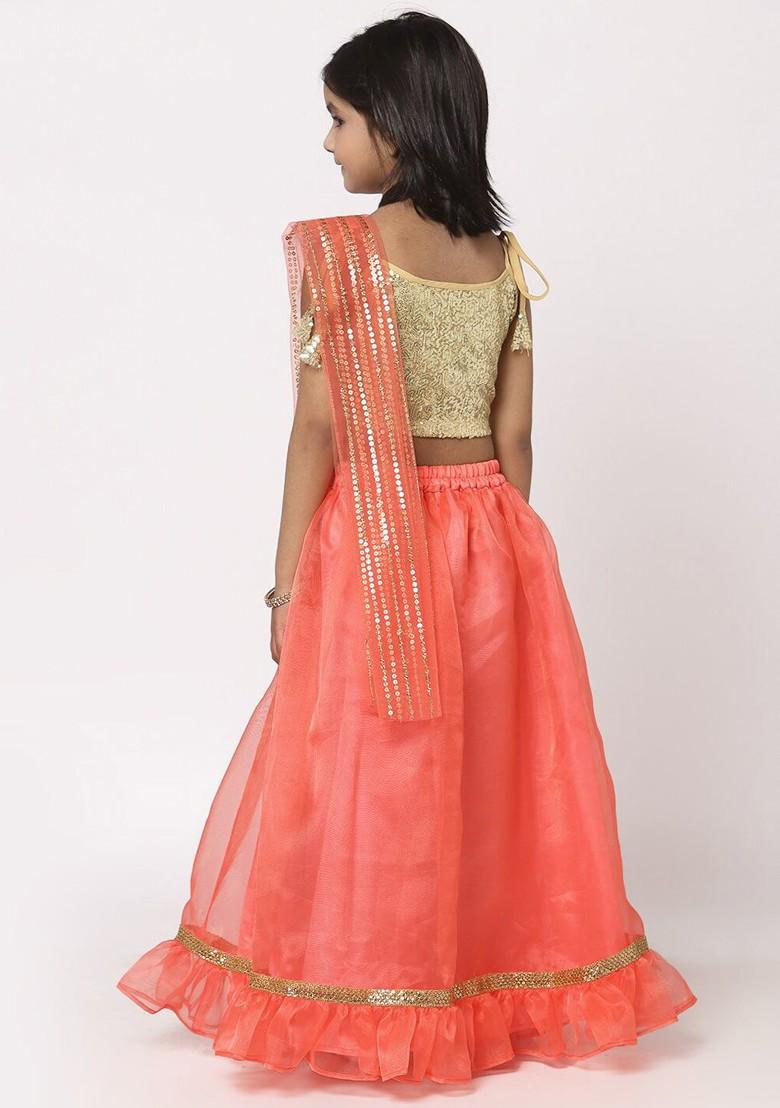 Girls Coral And Golden Embroidered Sequinned Ready To Wear Lehenga And Blouse With Dupatta