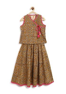 Girls Mustard And Pink Printed Ready To Wear Pure Cotton Lehenga Choli