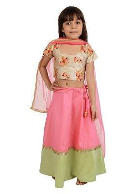 Girls Floral Printed 100% Cotton Ready To Wear Lehenga And Blouse With Dupatta