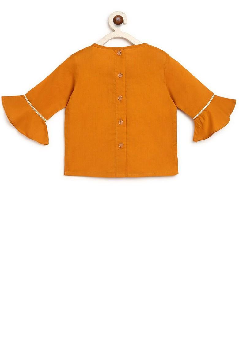 Girls Mustard And Gold Toned Ready To Wear Pure Cotton Lehenga And Choli