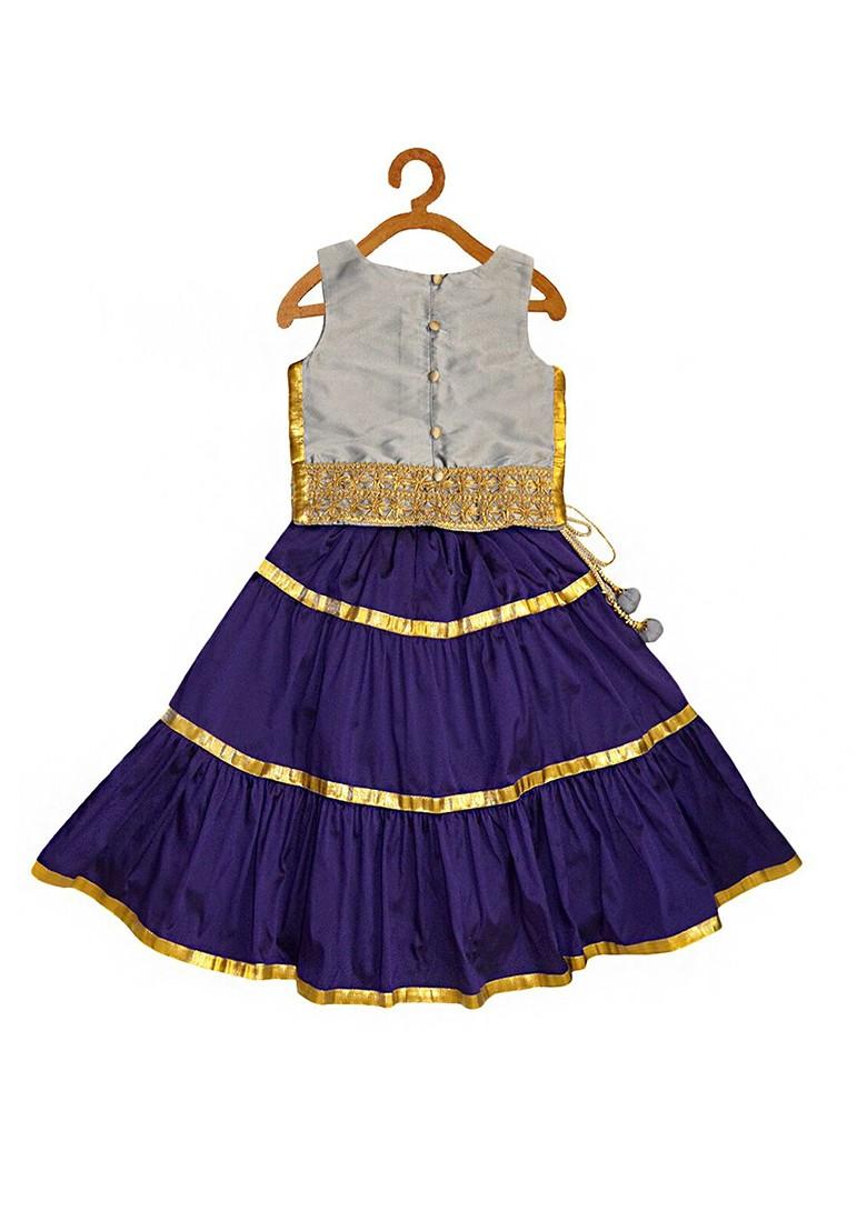 Girls Navy Blue And Grey Embellished Ready To Wear Lehenga Blouse With Net Dupatta