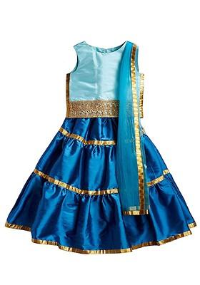 Girls Turquoise Blue Embellished Ready To Wear Lehenga And Blouse With Net Dupatta