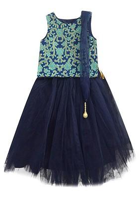 Girls Navy Blue And Green Embroidered Ready To Wear Lehenga And Blouse With Dupatta
