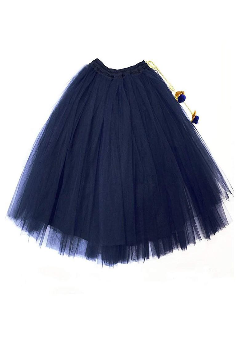 Girls Navy Blue And Green Embroidered Ready To Wear Lehenga And Blouse With Dupatta