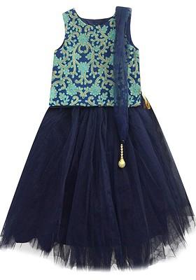 Girls Navy Blue And Green Embroidered Ready To Wear Lehenga And Blouse With Dupatta