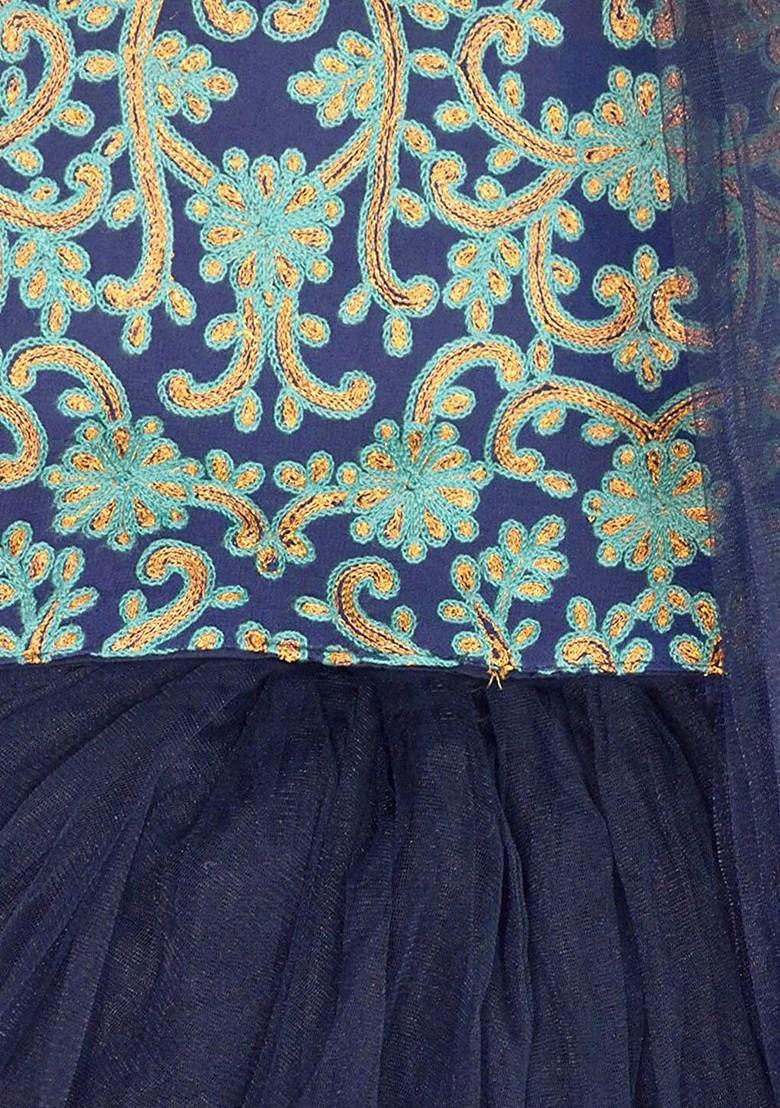 Girls Navy Blue And Green Embroidered Ready To Wear Lehenga And Blouse With Dupatta