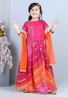 Girls Pink And Orange Embroidered Ready To Wear Lehenga And Blouse With Dupatta