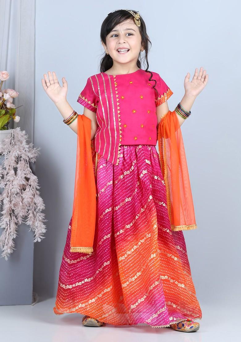 Girls Pink And Orange Embroidered Ready To Wear Lehenga And Blouse With Dupatta