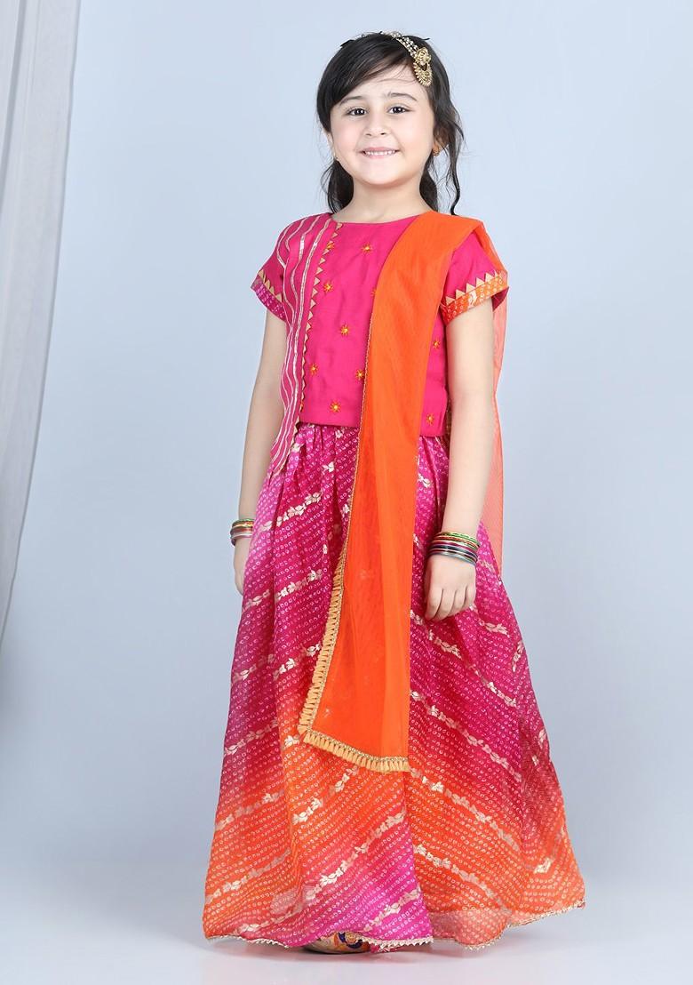 Girls Pink And Orange Embroidered Ready To Wear Lehenga And Blouse With Dupatta