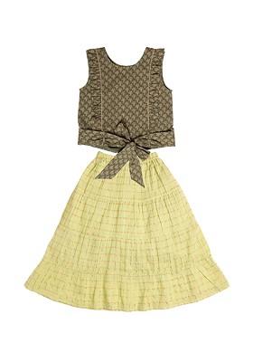 Girls Green And Beige Pure Cotton Ready To Wear Lehenga Choli