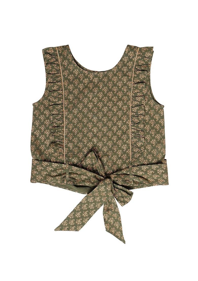 Girls Green And Beige Pure Cotton Ready To Wear Lehenga Choli