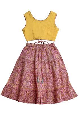 Girls Yellow And Pink Block Print Ready To Wear Lehenga Choli