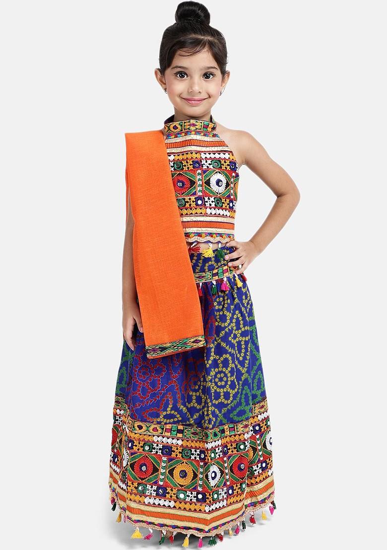 Girls Blue And Orange Embroidered Ready To Wear Lehenga And Blouse With Dupatta