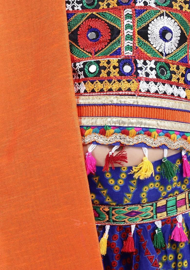 Girls Blue And Orange Embroidered Ready To Wear Lehenga And Blouse With Dupatta