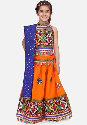 Girls Orange And Blue Embroidered Ready To Wear Lehenga And Blouse With Dupatta