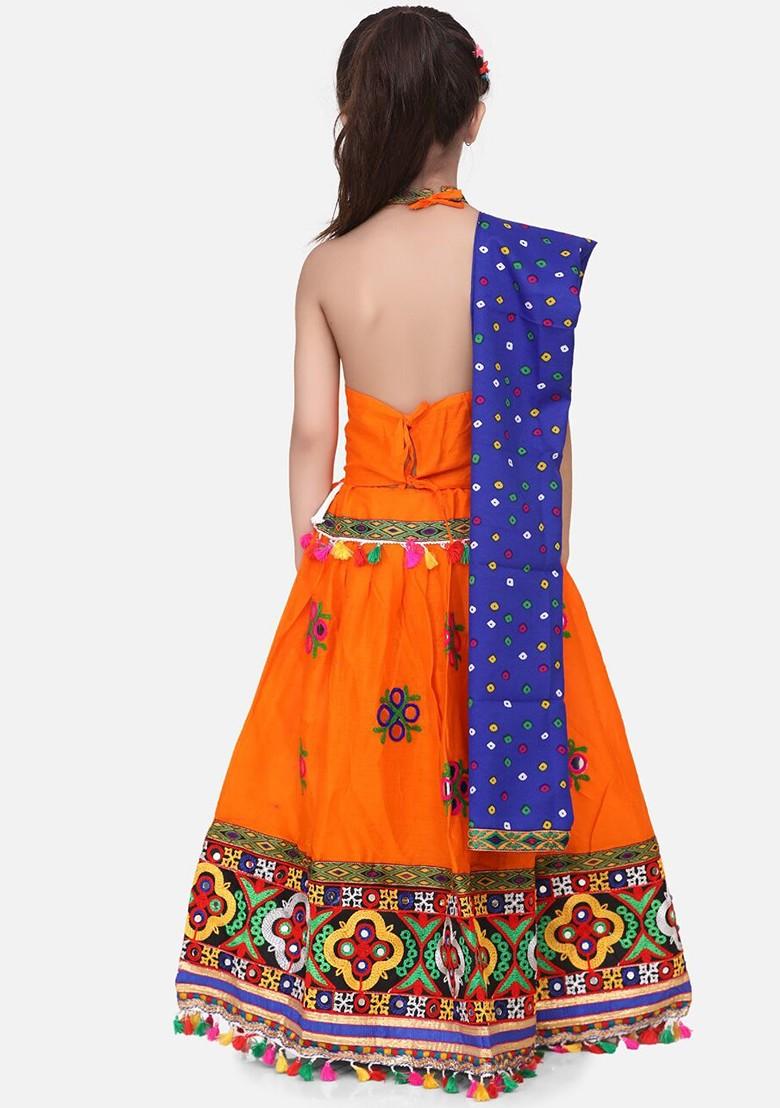 Girls Orange And Blue Embroidered Ready To Wear Lehenga And Blouse With Dupatta