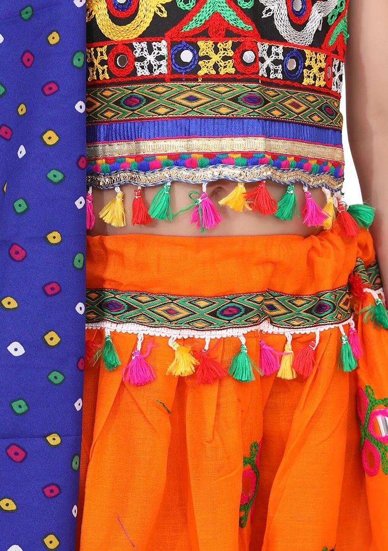 Girls Orange And Blue Embroidered Ready To Wear Lehenga And Blouse With Dupatta