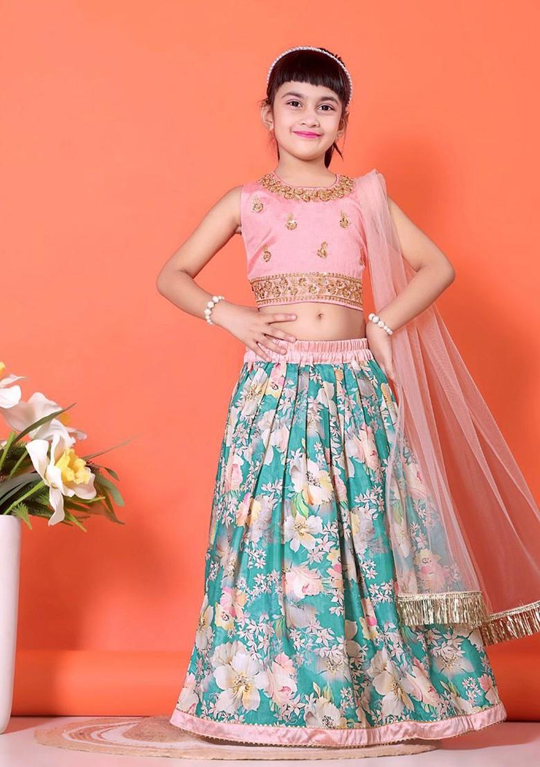 Girls Embroidered Sequinned Ready To Wear Lehenga And Blouse With Dupatta