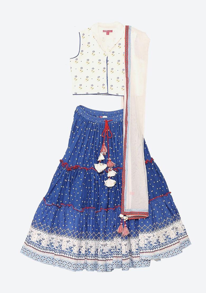 Girls Off White And Blue Printed Ready To Wear Lehenga And Blouse With Dupatta