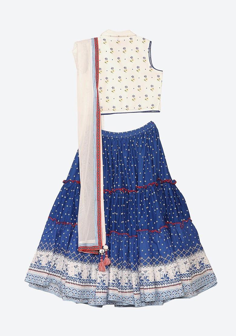 Girls Off White And Blue Printed Ready To Wear Lehenga And Blouse With Dupatta