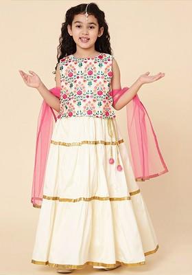 Girls Cream Coloured And Pink Embroidered Ready To Wear Lehenga And Blouse With Dupatta