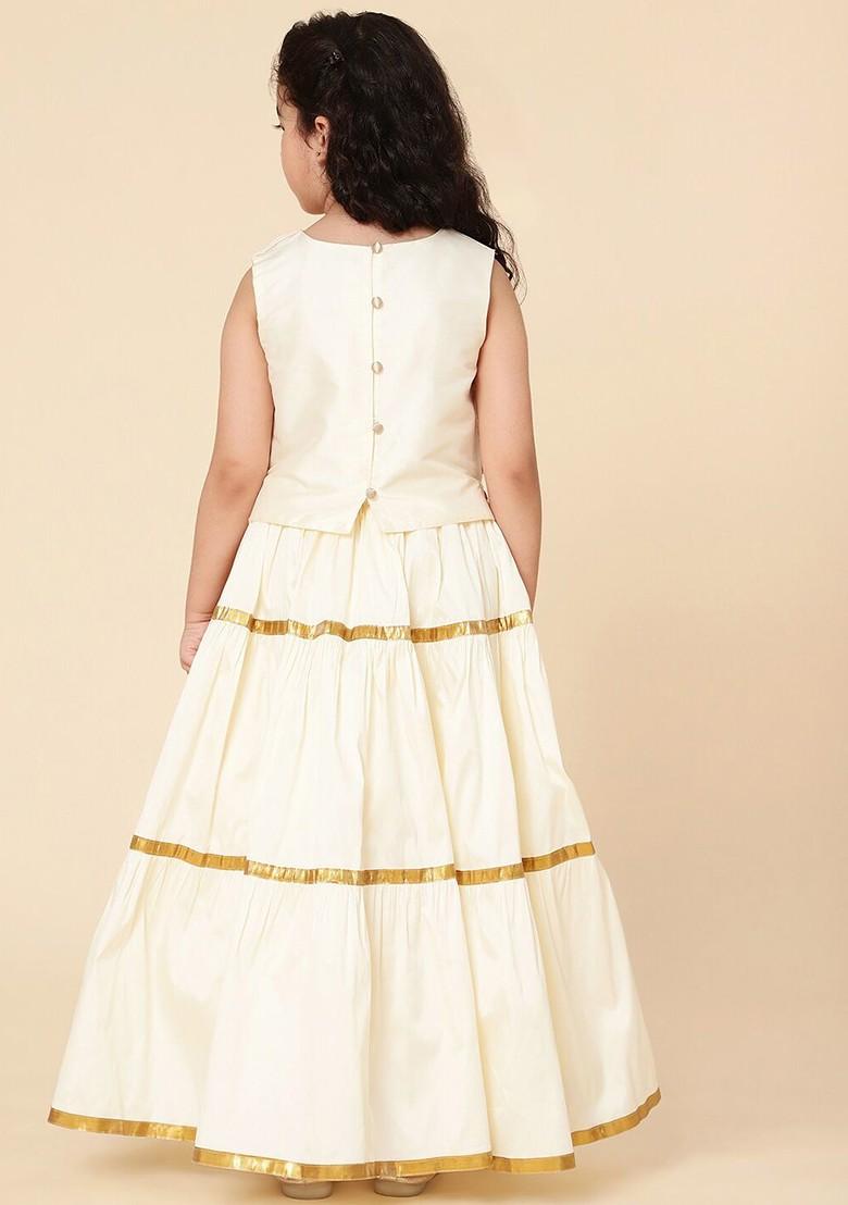 Girls Cream Coloured And Pink Embroidered Ready To Wear Lehenga And Blouse With Dupatta