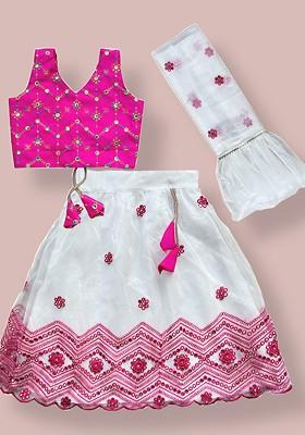 Girls Embroidered Sequinned Ready To Wear Lehenga And Blouse With Dupatta